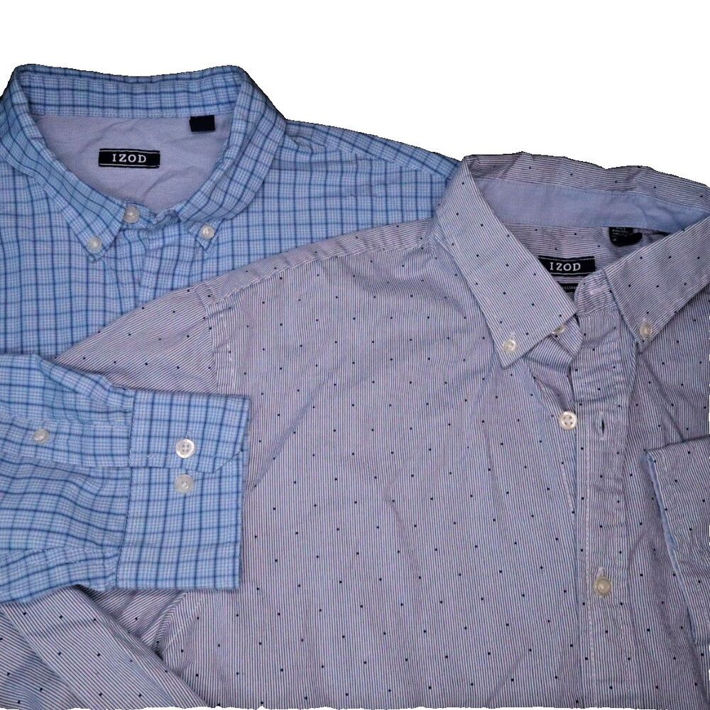 IZOD Mens Set of 2 Button Down Shirts Size L Blue Plaid & Blue Micro Stripe